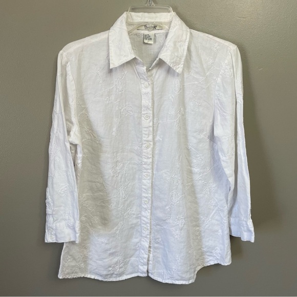 CAMBRIDGE DRY GOODS Women’s White Linen Blend Floral Embroidered Button Down Med - Picture 1 of 8